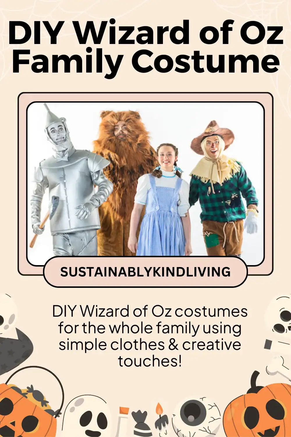 Family in homemade Wizard of Oz costumes including lion, tin man, and scarecrow.