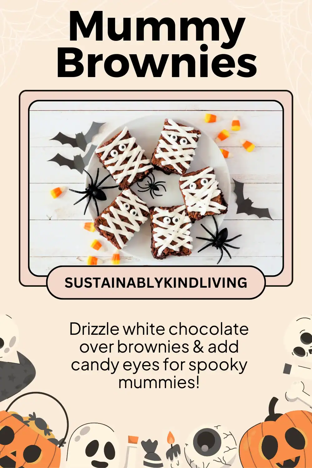 Mummy brownies drizzled with white chocolate and candy eyes for Halloween fun.