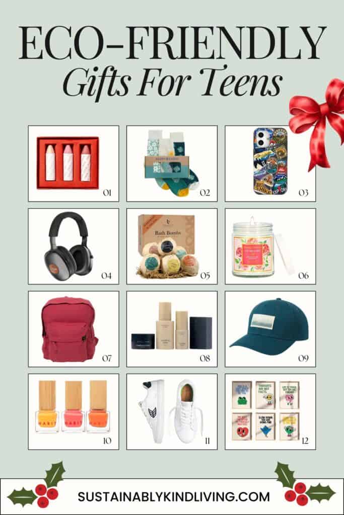 Text reading "Eco-Friendly Gifts For Teens", showcasing 12 eco-friendly gifts for teens.