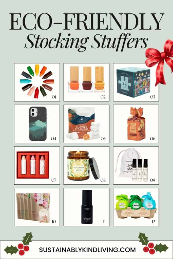 Text reading "Eco-Friendly Stocking Stuffers", showcasing 12 eco-friendly stocking stuffer gifts.