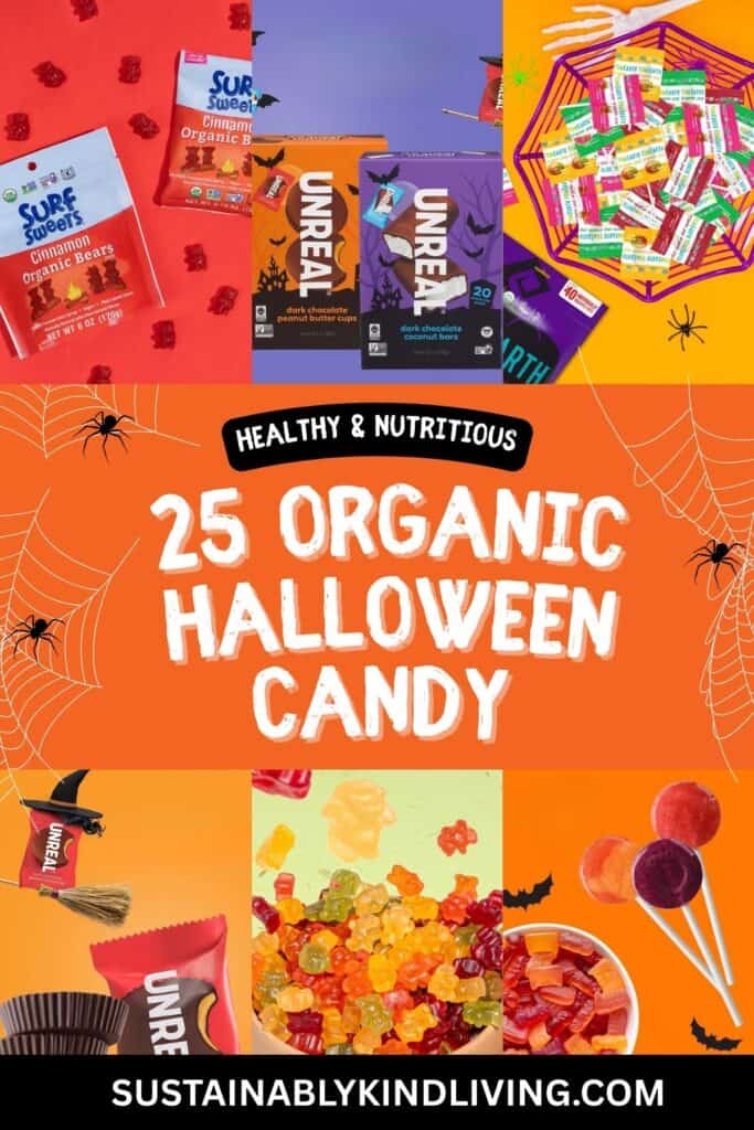 Text reading "25 Organic Halloween Candy, Healthy & Nutritious", showcasing 6 images of organic Halloween candy.
