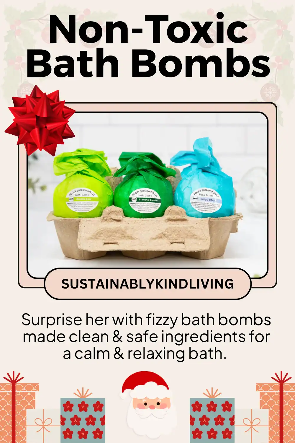 Poofy Organics bath bomb made with non-toxic ingredients and eco packaging, ideal for relaxing holiday baths.