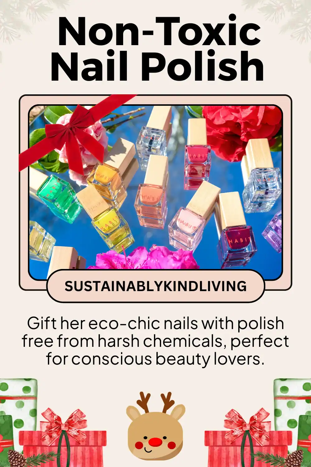 Habit Cosmetics non-toxic nail polish, vegan and cruelty-free shades in sustainable glass bottles.