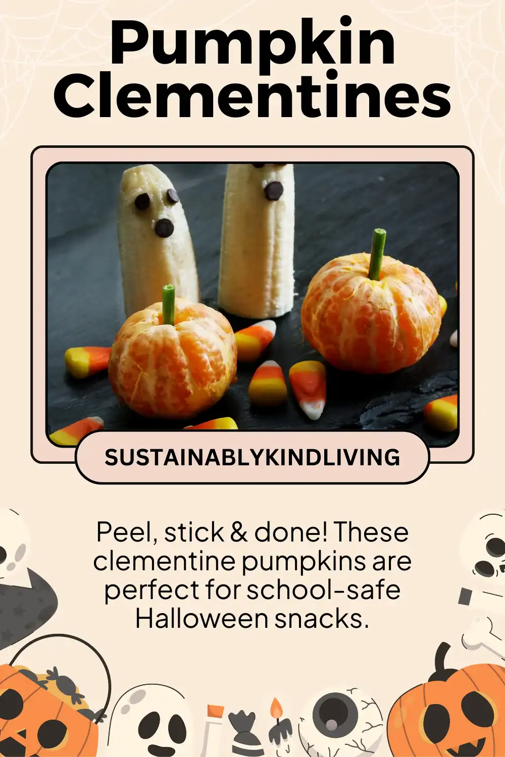 Pumpkin-shaped clementines with celery stalks for festive, low-sugar Halloween treats.