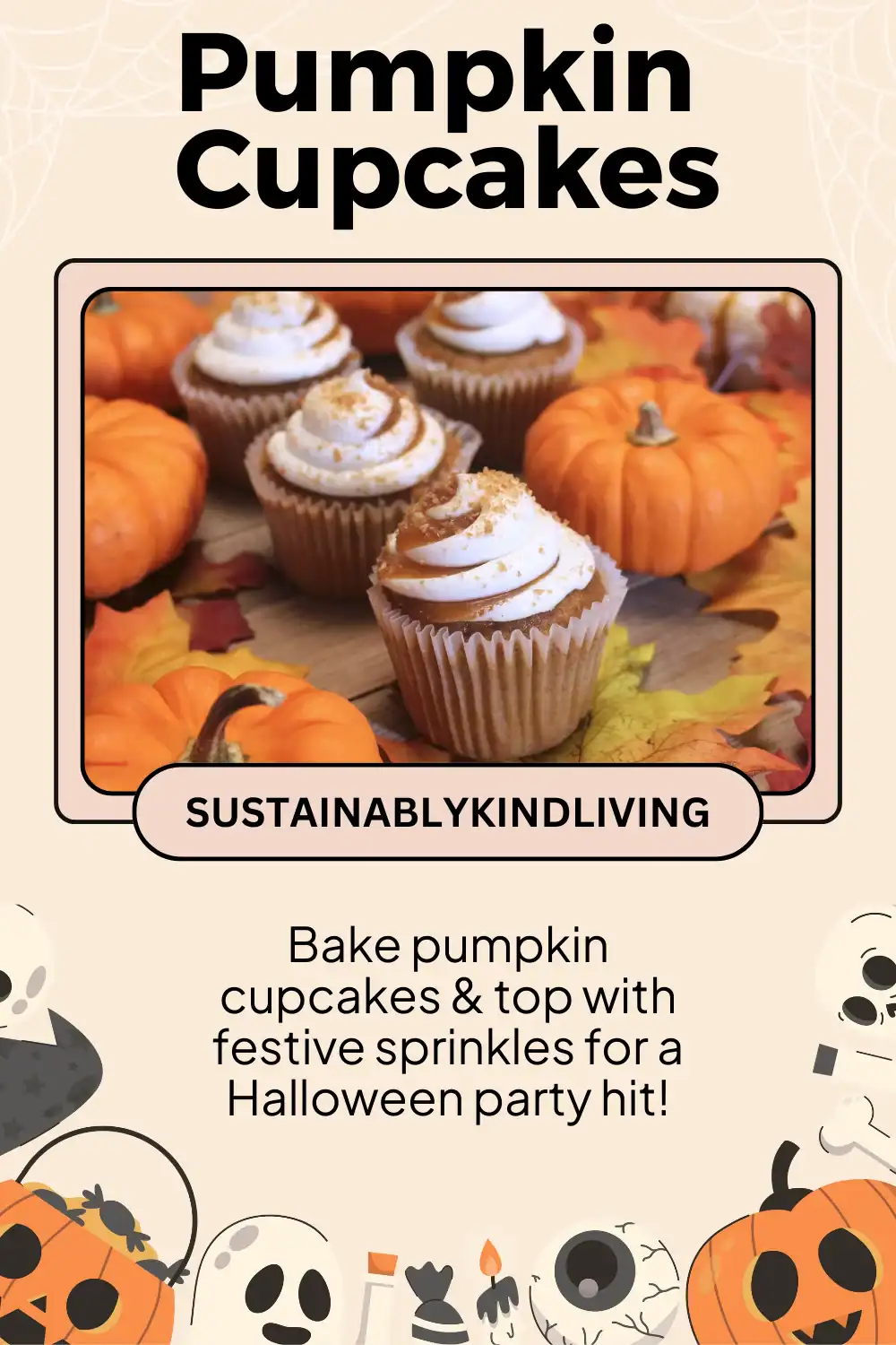 Pumpkin cupcakes topped with festive sprinkles for Halloween parties.