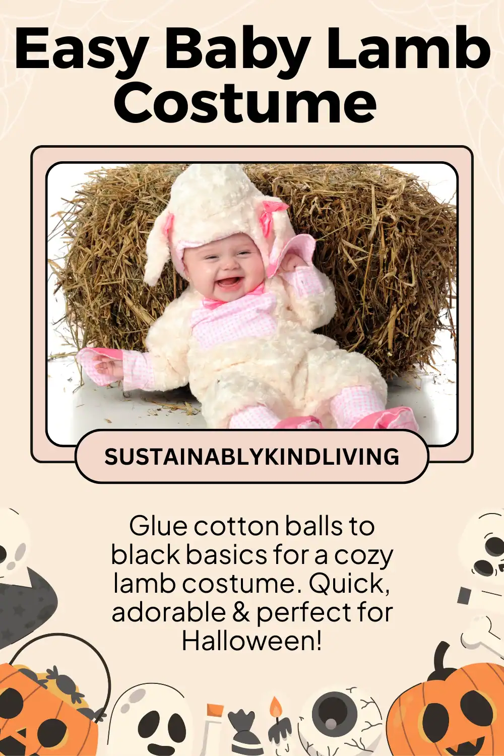 Baby lamb costume made with black clothes and glued-on cotton balls.