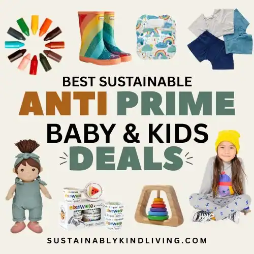 Best Prime Day deals featuring organic baby clothing, kids clothing, non-toxic toys, baby essentials, natural self-care products, and family-friendly sustainable brands.