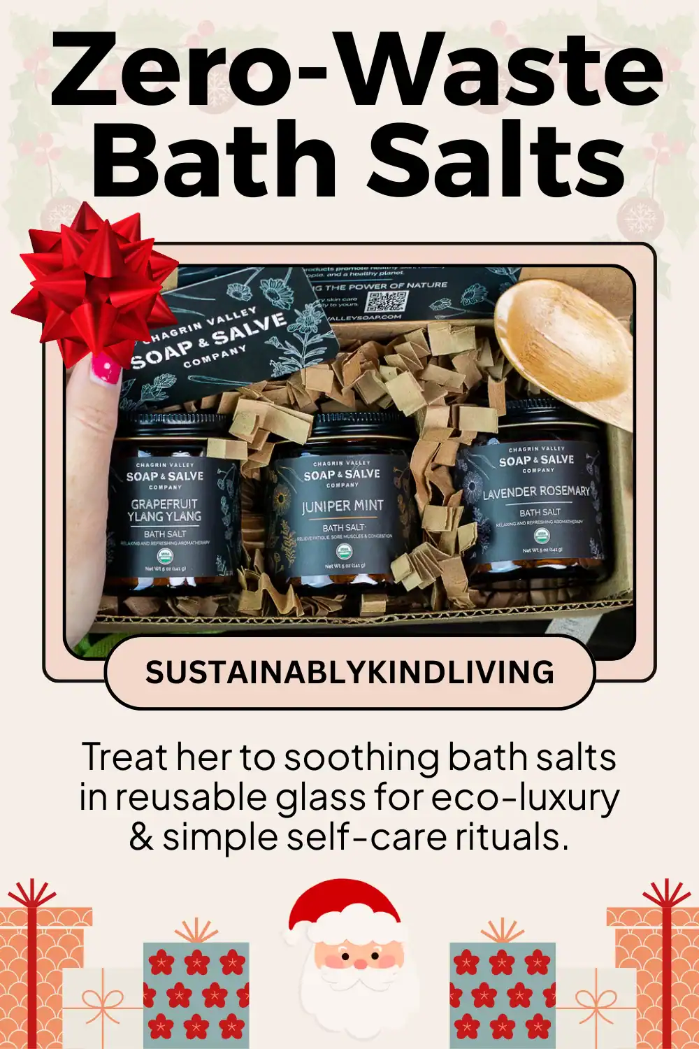 Chagrin Valley zero-waste organic bath salts in reusable glass jar, perfect eco-friendly gift for new moms or her.