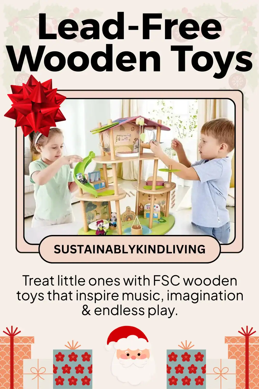 Hape eco-friendly wooden toys made with FSC wood and non-toxic paints, perfect sustainable holiday gift for kids.