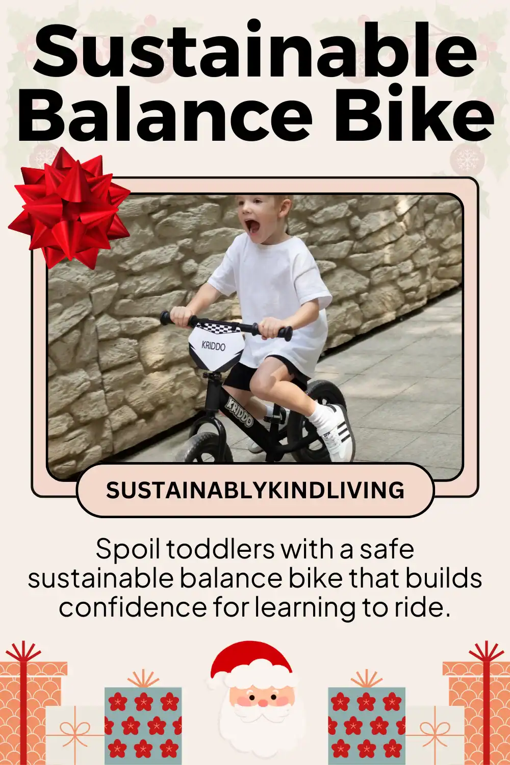 Kriddo sustainable balance bike made with safe materials, perfect eco Christmas gift for toddlers.