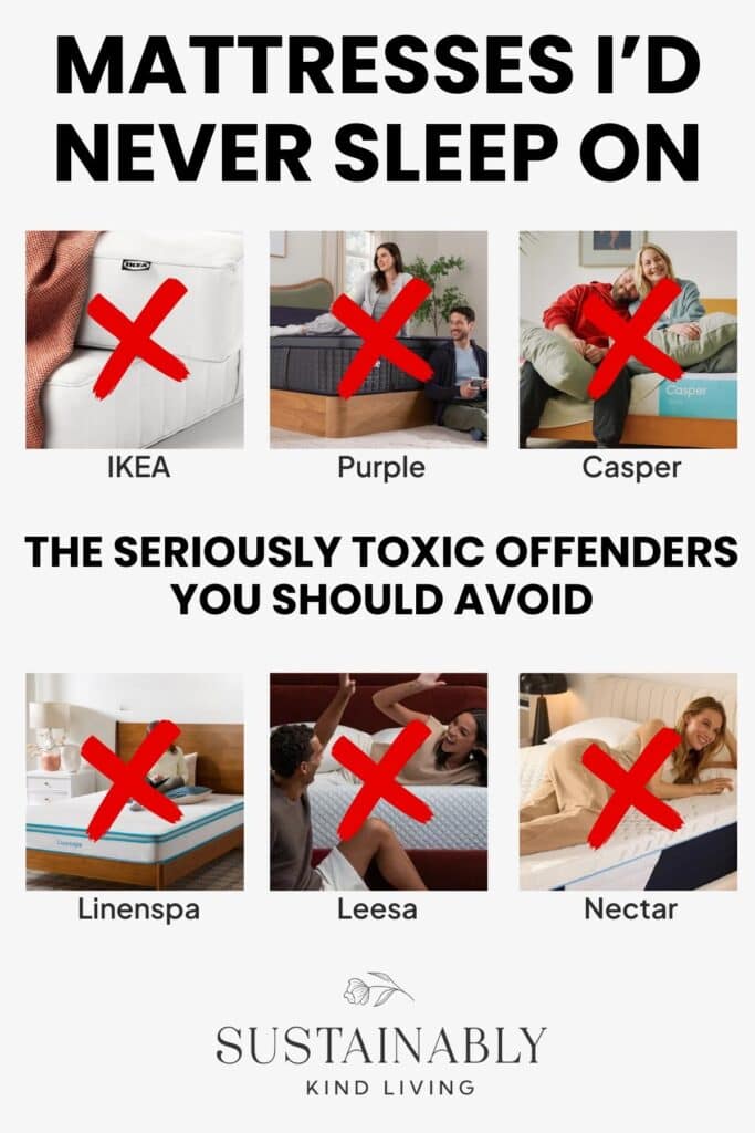 Text reading "Mattresses I'd Never Sleep On, The Seriously Toxic Offenders You Should Avoid", showcasing 6 toxic mattress brands such as IKEA, Purple, Casper and more.
