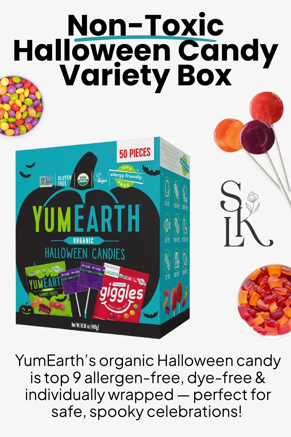 YumEarth organic lollipops are made with natural fruit flavors and colors, allergy-friendly for Halloween parties.