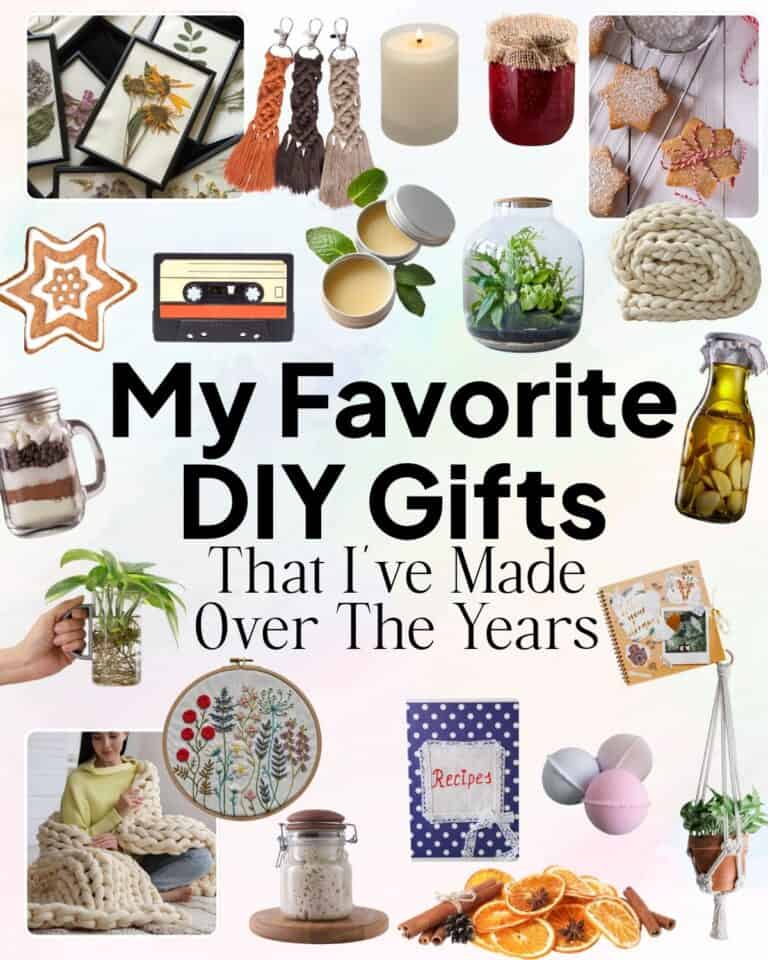 Collage of 35 DIY gift ideas, including handmade candles, macrame, baked treats, terrariums, knitted blankets, embroidery, bath bombs, and homemade pantry gifts.