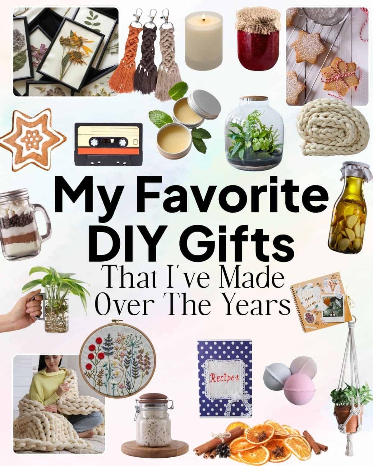 Collage of 35 DIY gift ideas, including handmade candles, macrame, baked treats, terrariums, knitted blankets, embroidery, bath bombs, and homemade pantry gifts.