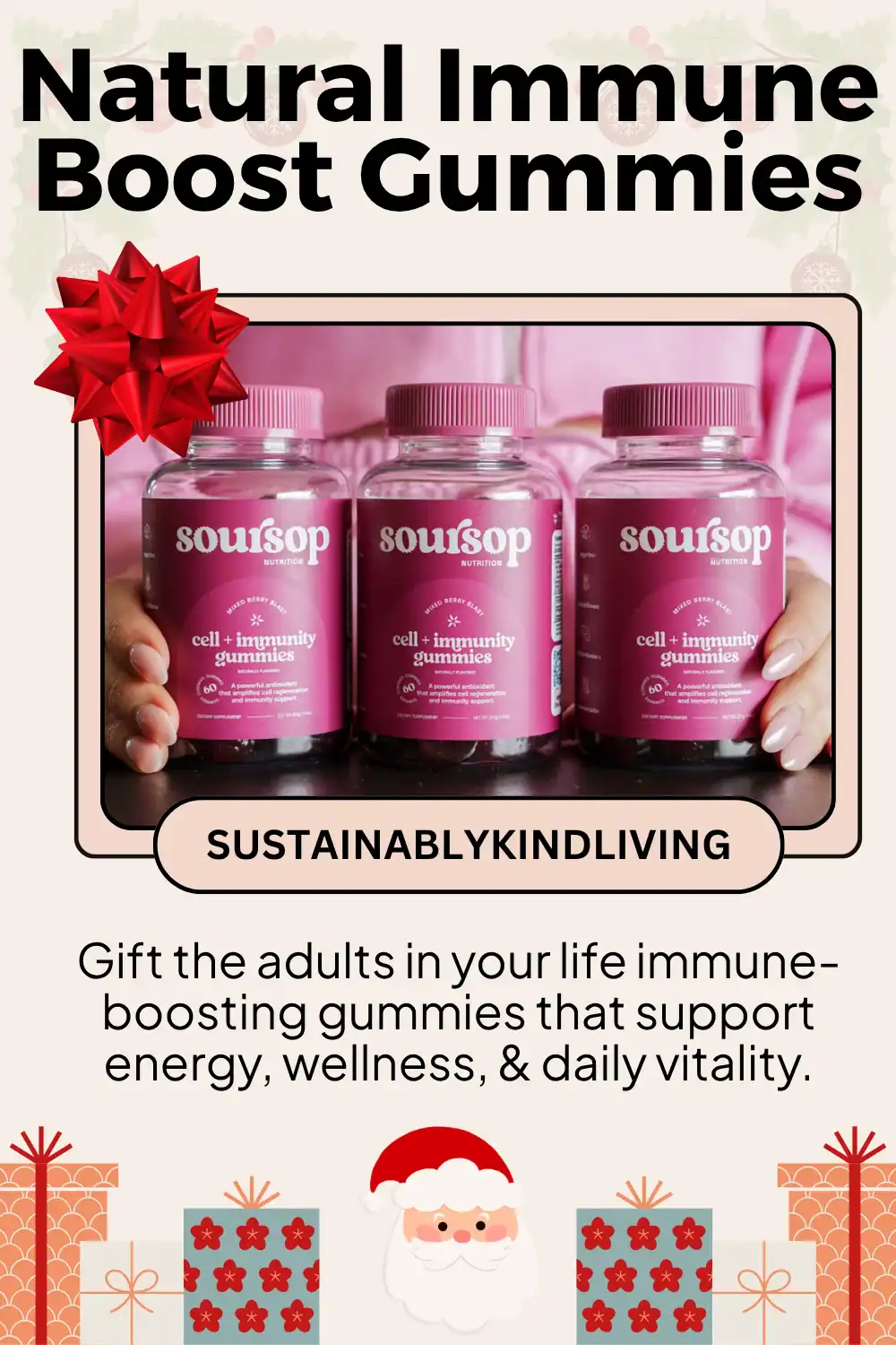 Soursop immune-boosting gummies made with soursop leaf, echinacea, and elderberry, gluten-free and non-GMO, perfect healthy stocking stuffer for adults.