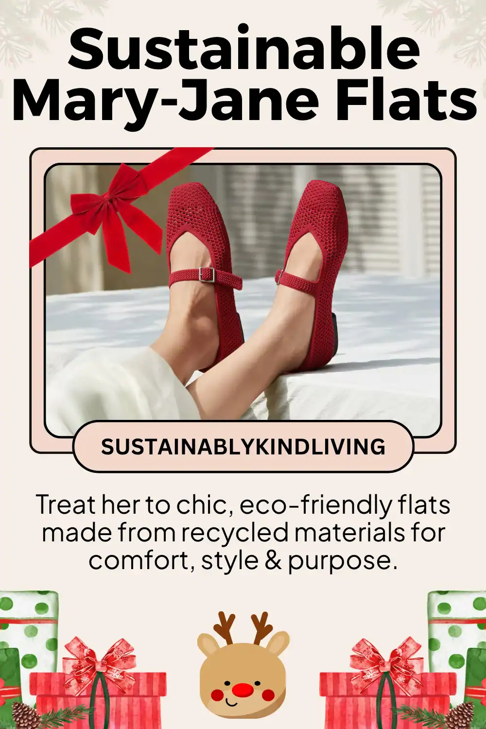 The Vivaia margot mary-jane flats made from recycled plastic bottles, featuring a square toe, adjustable strap, and soft knit design — the perfect sustainable gift for her.