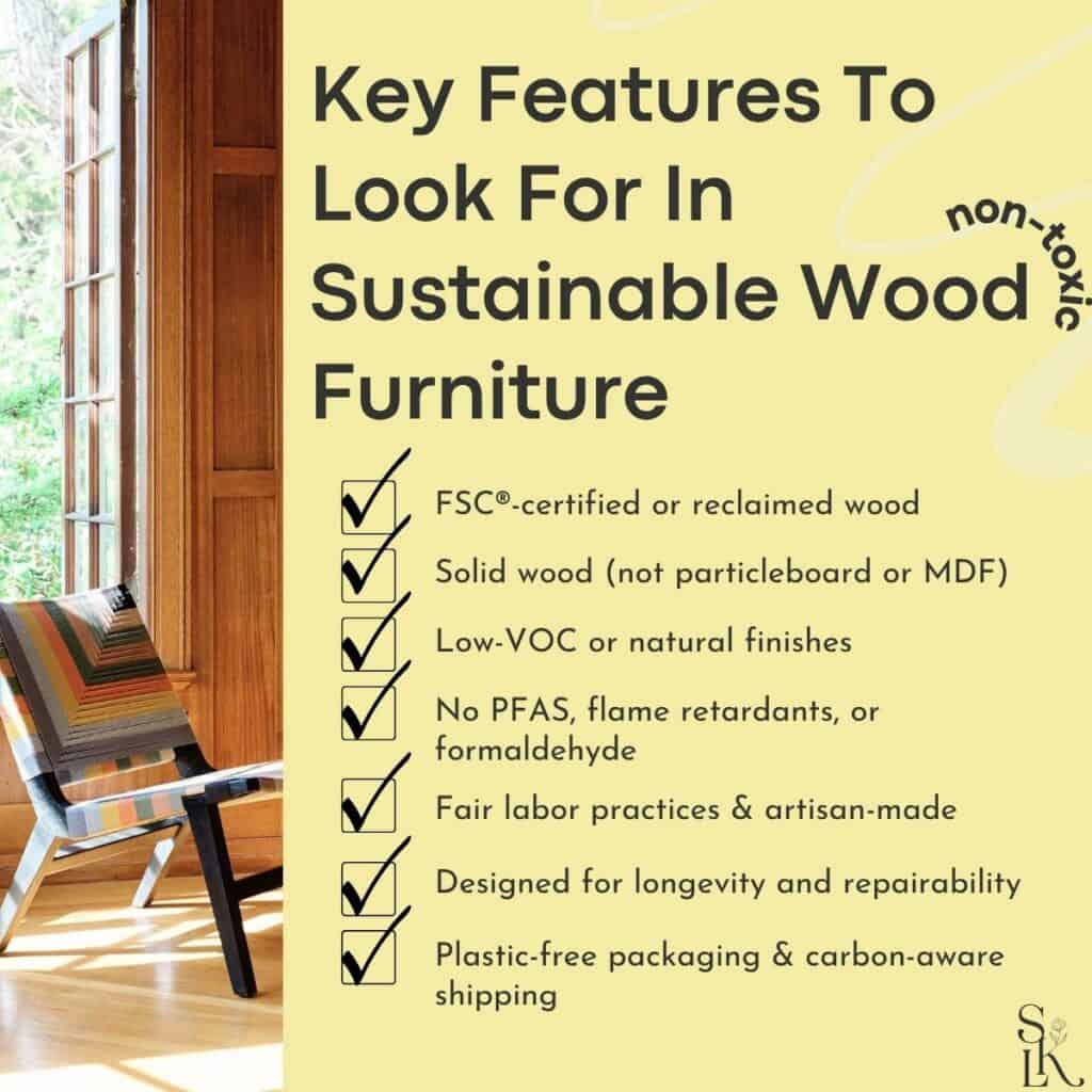 Checklist graphic showing key features to look for in sustainable wood furniture, including FSC-certified or reclaimed wood, solid wood construction, low-VOC finishes, no PFAS or flame retardants, fair labor practices, longevity, and plastic-free packaging.
