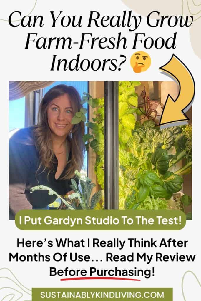 Indoor hydroponic garden system review showing Gardyn Studio with fresh vegetables and herbs growing indoors, tested for months of use.