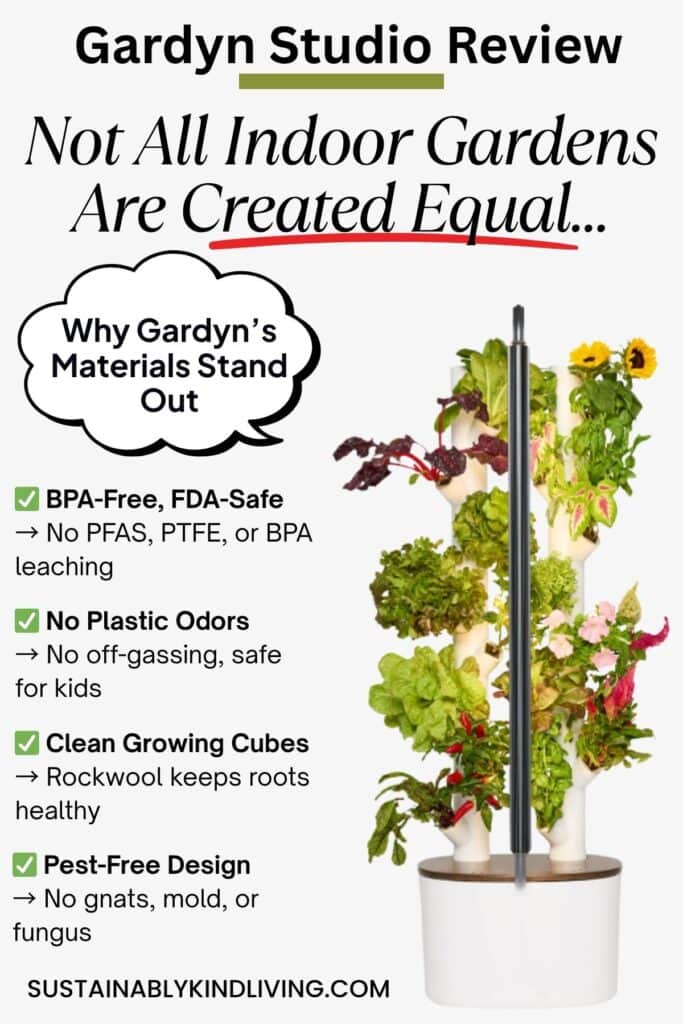 Close-up of Gardyn Studio indoor hydroponic garden highlighting BPA-free, PFAS-free, and odor-free materials for safe indoor growing.