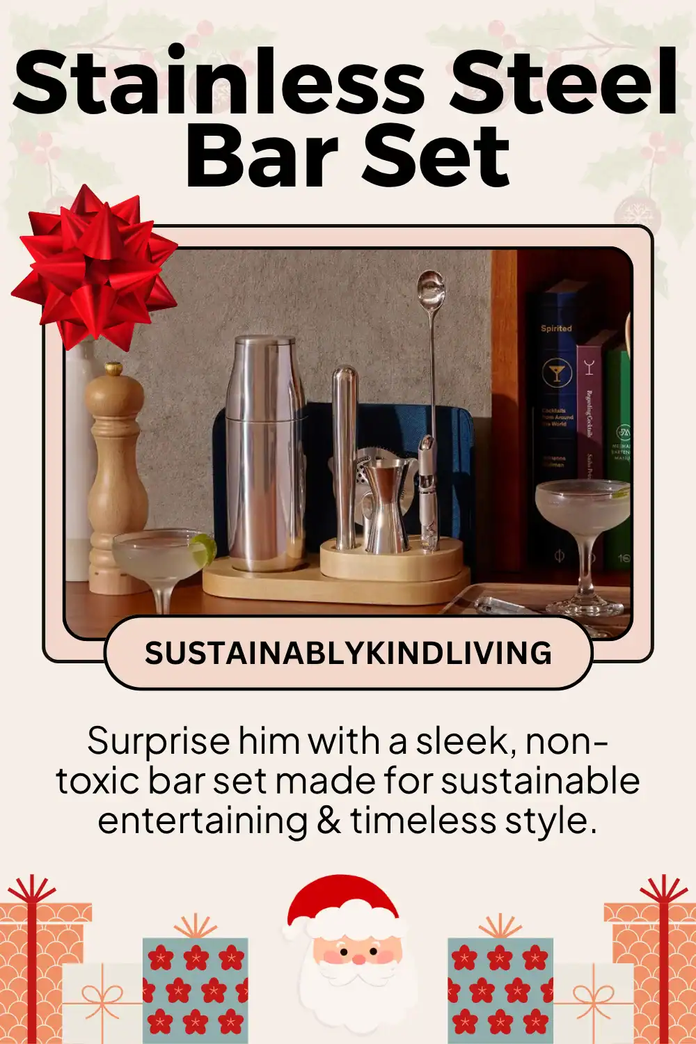 The Caraway complete bar set is a sustainable gift for him featuring a sleek nine-piece stainless steel and FSC-certified birchwood design, completely free from PFAS, BPA, lead, and cadmium for safe, stylish home mixology.