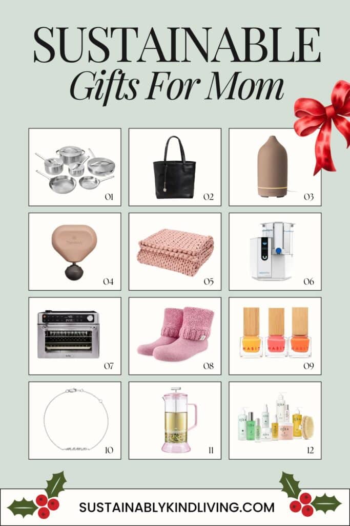 Text reading "Sustainable Gifts For Mom", showcasing 12 sustainable gifts for mom.