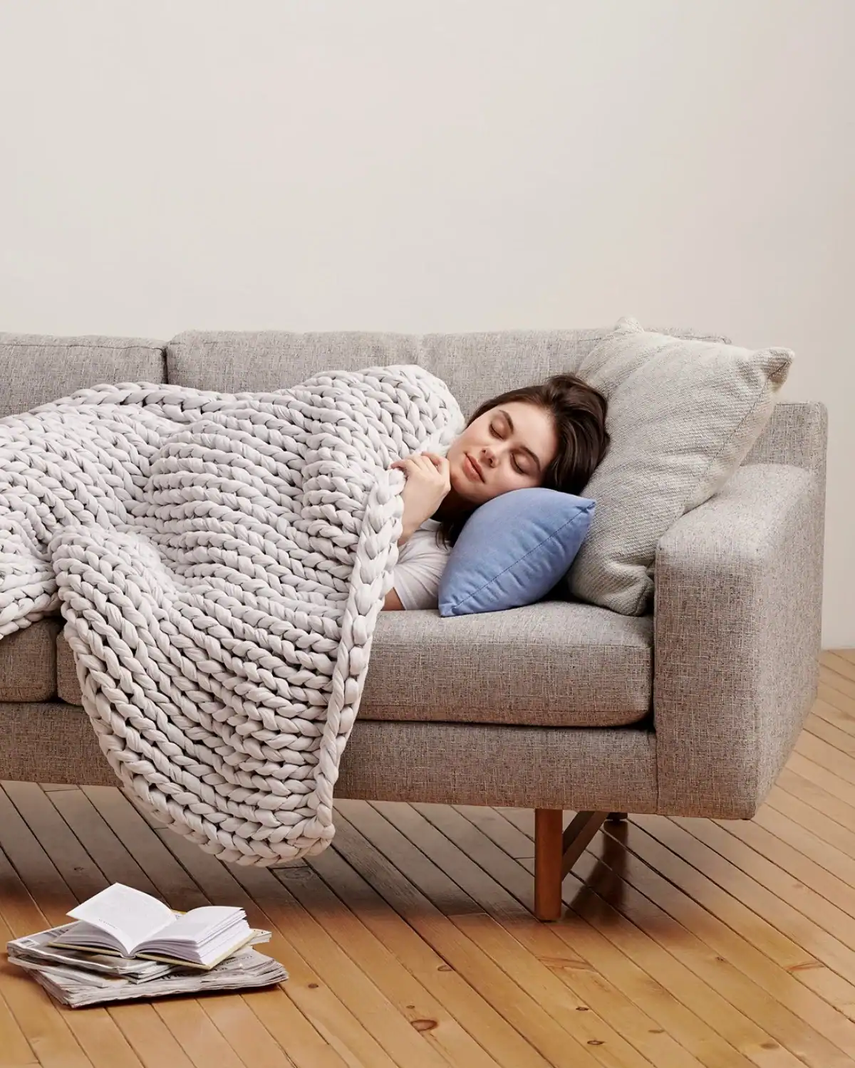 Bearaby weighted blanket hand-knit from organic cotton, sustainable anxiety-relieving comfort gift for restful moms.