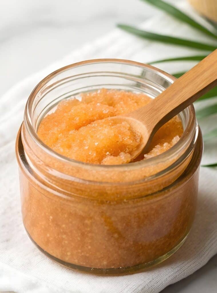 Homemade brown sugar body scrub in a glass jar with a handwritten gift tag and natural ingredients.