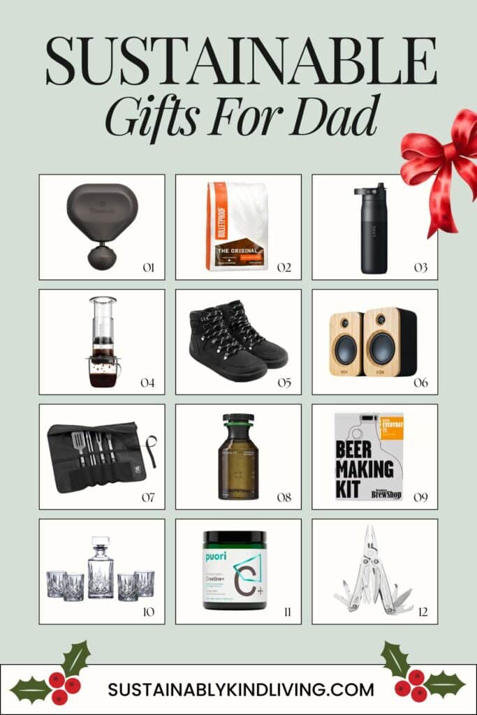 Text reading "Sustainable Gifts For Dad", showcasing 12 sustainable gifts for Dad.