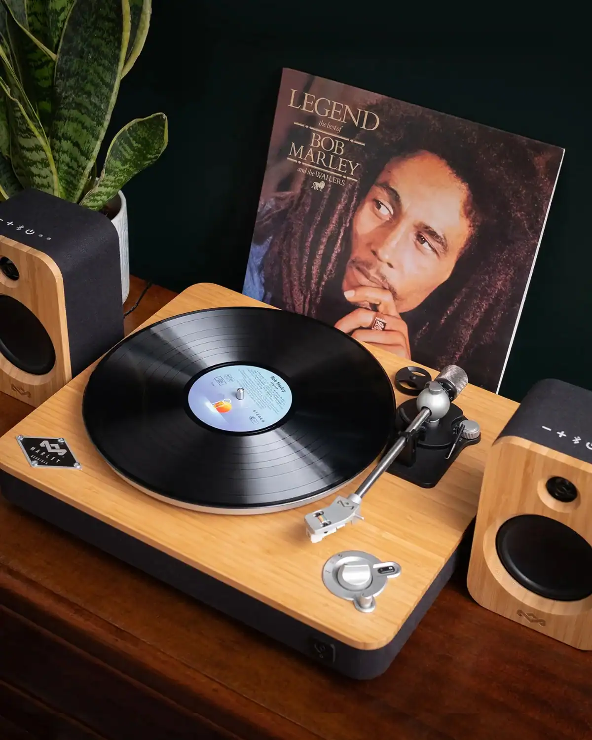 House of Marley bamboo bookshelf speakers made from sustainable materials, offering dads rich sound with a lighter footprint.