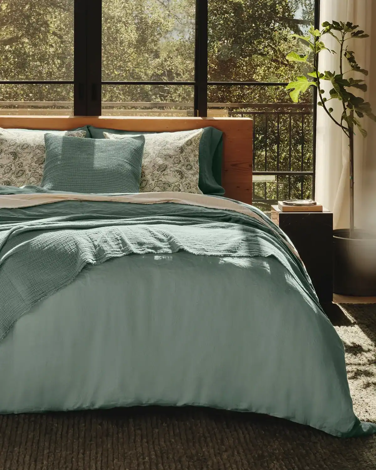 Coyuchi organic French flax linen bedding woven in Portugal with a plant-based softener and low-impact dyes.