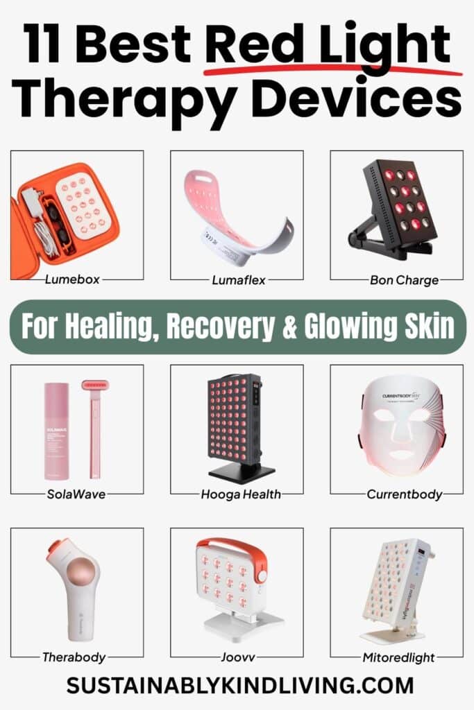 Collage featuring 11 best red light therapy devices for healing, recovery, and glowing skin, including brands like Lumebox, Lumaflex, Bon Charge, SolaWave, Hooga Health, CurrentBody, Therabody, Joovv, and Mitoredlight.
