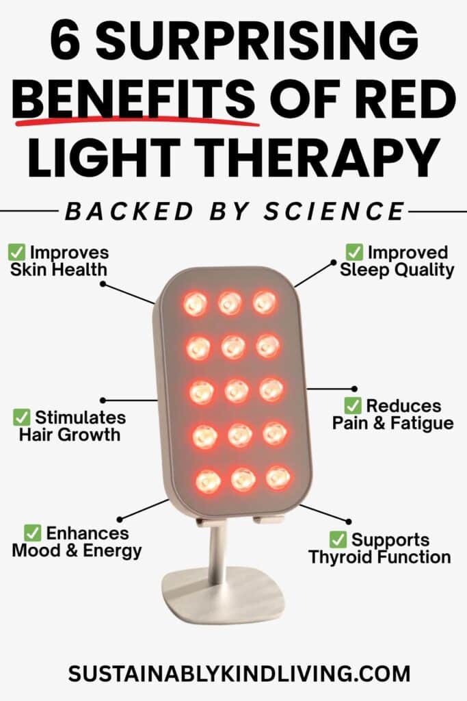 Graphic showing 6 surprising benefits of red light therapy backed by science, including improved skin health, sleep quality, hair growth, mood and energy, pain and fatigue reduction, and thyroid support, with an image of a red light therapy device.
