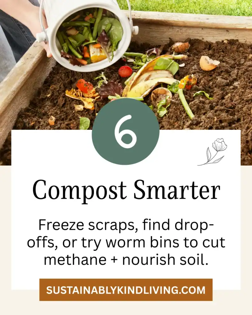 Compost Smarter: Person emptying food scraps into a compost bin in a garden bed.