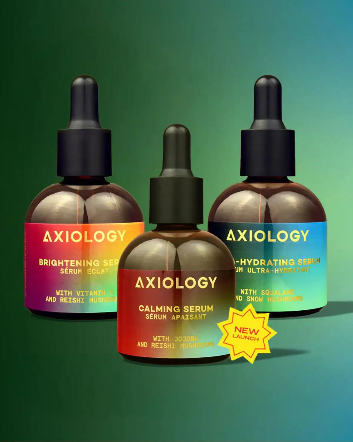 Brightening, hydrating, calming serums by Axiology.