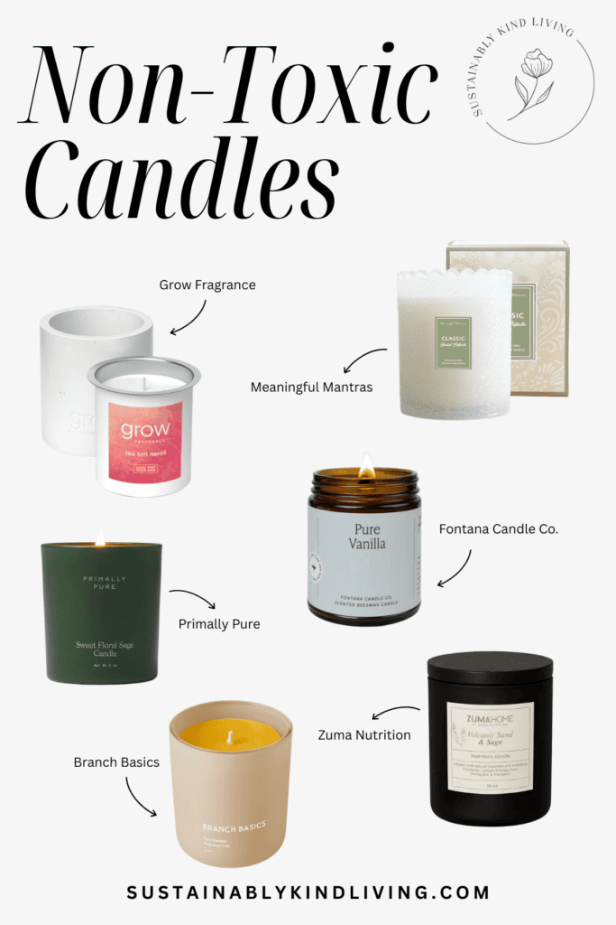 Image titled “Non-Toxic Candles” showing various candle brands (Fontana Candle Co, Branch Basics, Primally Pure, Zuma Nutrition, Grow Fragrance, Meaningful Mantras) with labeled images.