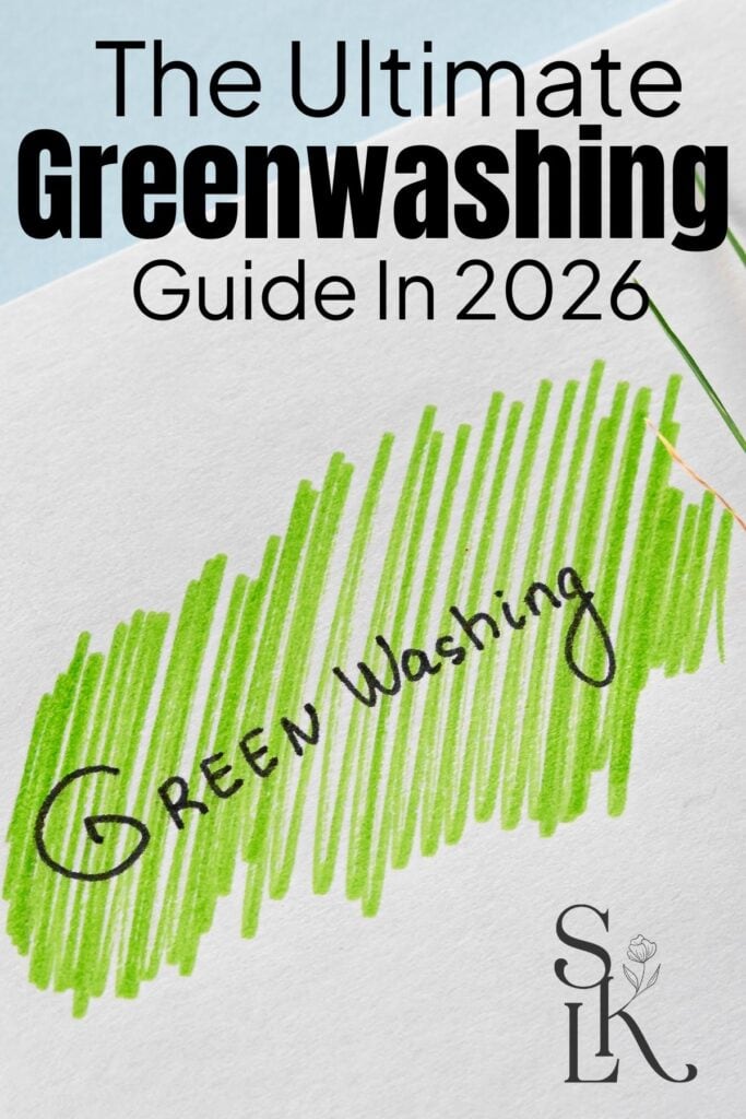 Image titled ‘The Ultimate Greenwashing Guide in 2026’ with the word ‘greenwashing’ handwritten over a green marker swatch.