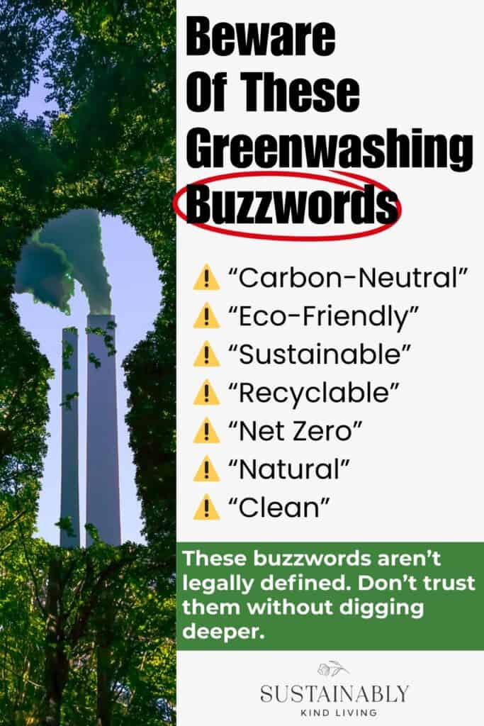 Image warning about greenwashing buzzwords with a list of terms like ‘carbon-neutral,’ ‘eco-friendly,’ ‘sustainable,’ and ‘clean,’ alongside an image of factory smokestacks behind trees.