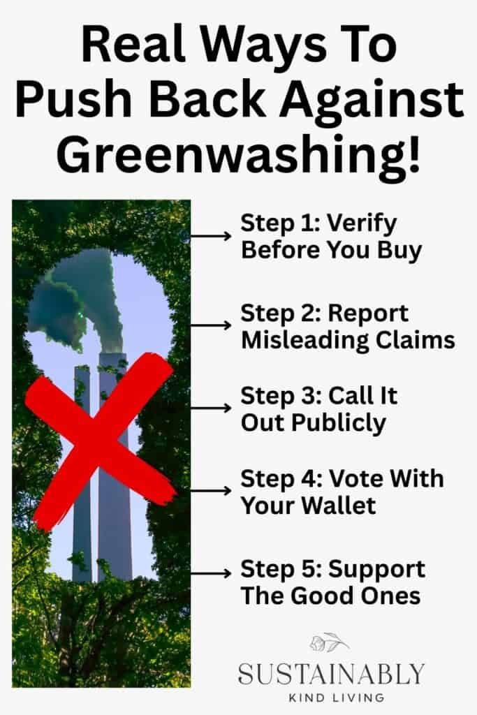 Image listing five ways to push back against greenwashing—verify before buying, report misleading claims, call it out publicly, vote with your wallet, and support transparent brands—next to an image of smokestacks with a red X over them.