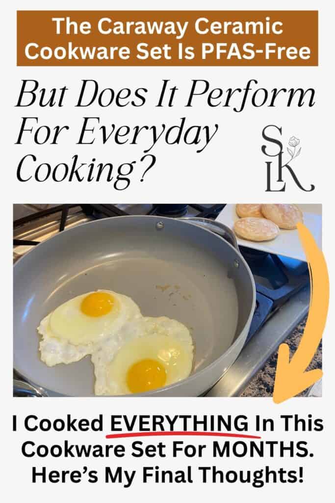 Fried eggs cooking in a Caraway ceramic pan with text asking if the PFAS-free cookware performs well for everyday cooking.