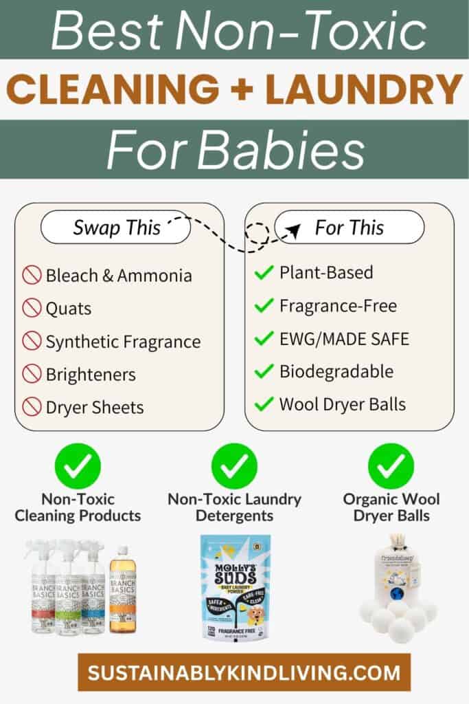 Image showing non-toxic cleaning and laundry swaps for babies, highlighting plant-based, fragrance-free detergents and wool dryer balls instead of bleach, ammonia, and dryer sheets.