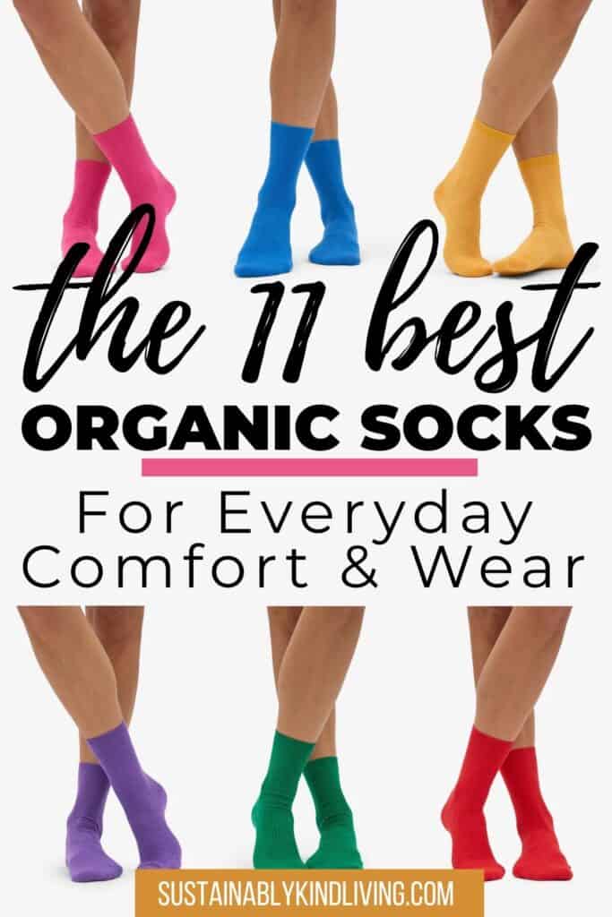 Image showing colorful organic socks on different legs with text reading ‘The 11 Best Organic Socks for Everyday Comfort & Wear.’