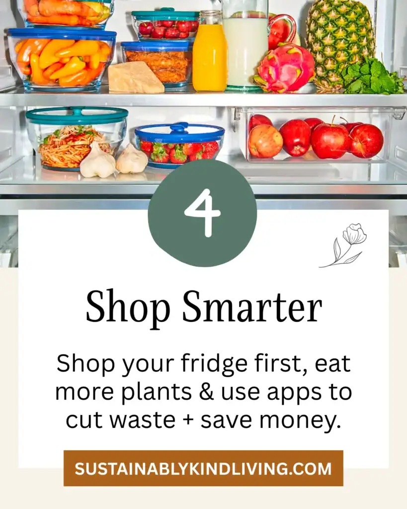 Shop Smarter: Open refrigerator filled with fresh fruits, vegetables, and stored leftovers.