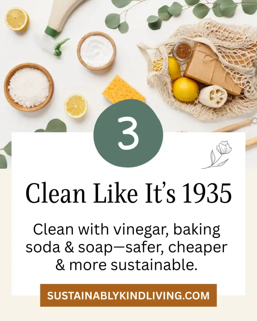 Clean Like It’s 1935: Natural cleaning supplies including lemons, baking soda, vinegar, and reusable cloths.