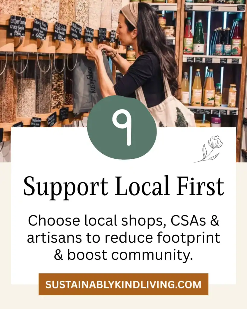 Support Local First: Woman shopping at a bulk food store using a reusable bag.