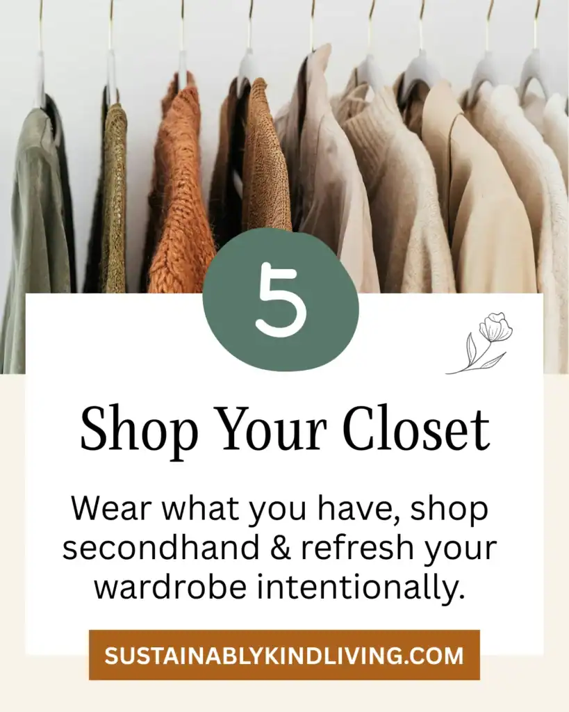 Shop Your Closet: Neutral-toned clothing hanging neatly on a closet rack.