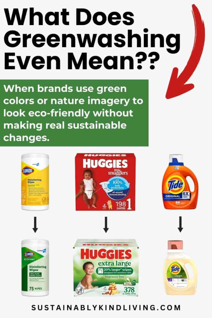 Image explaining greenwashing, showing how brands use green colors or nature imagery to seem eco-friendly, with examples from Clorox, Huggies, and Tide packaging.