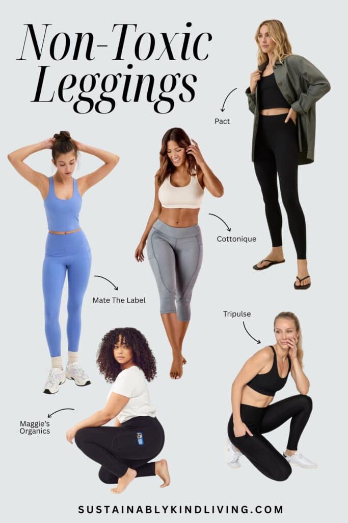 Image titled “Non-Toxic Leggings” featuring five women wearing leggings from brands including Pact, Cottonique, Mate The Label, Tripulse, and Maggie’s Organics, highlighting safer, organic and PFAS-free options.