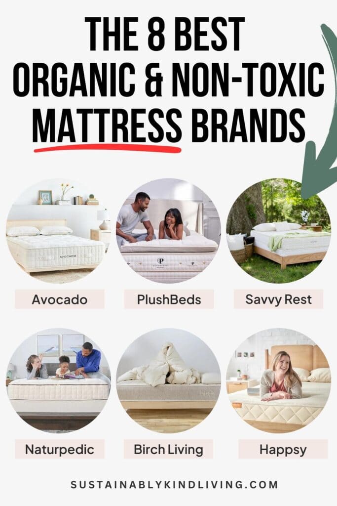 Graphic showing the 8 best organic and non-toxic mattress brands, including Avocado, PlushBeds, Savvy Rest, Naturepedic, Birch Living, and Happsy.
