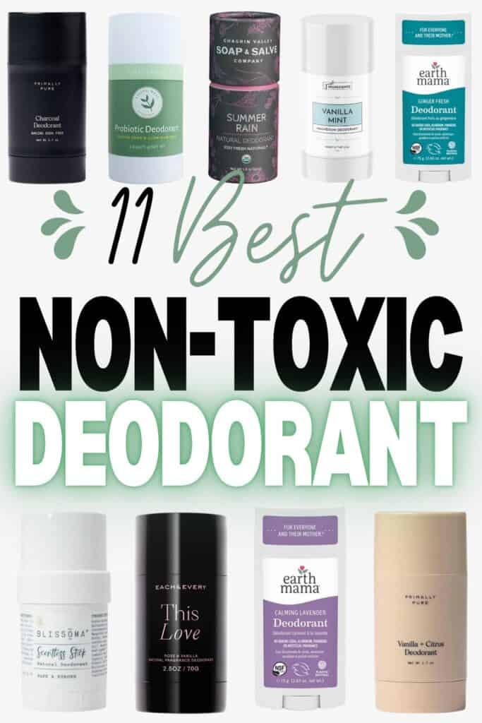 Pinterest graphic showing 11 best non-toxic deodorants, featuring aluminum-free stick and cream deodorant brands for sensitive skin.