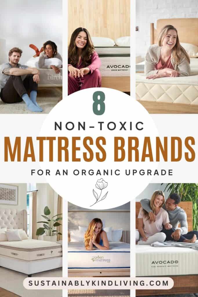 Collage featuring eight non-toxic mattress brands for an organic upgrade, with people relaxing on organic mattresses and text highlighting safer sleep options.